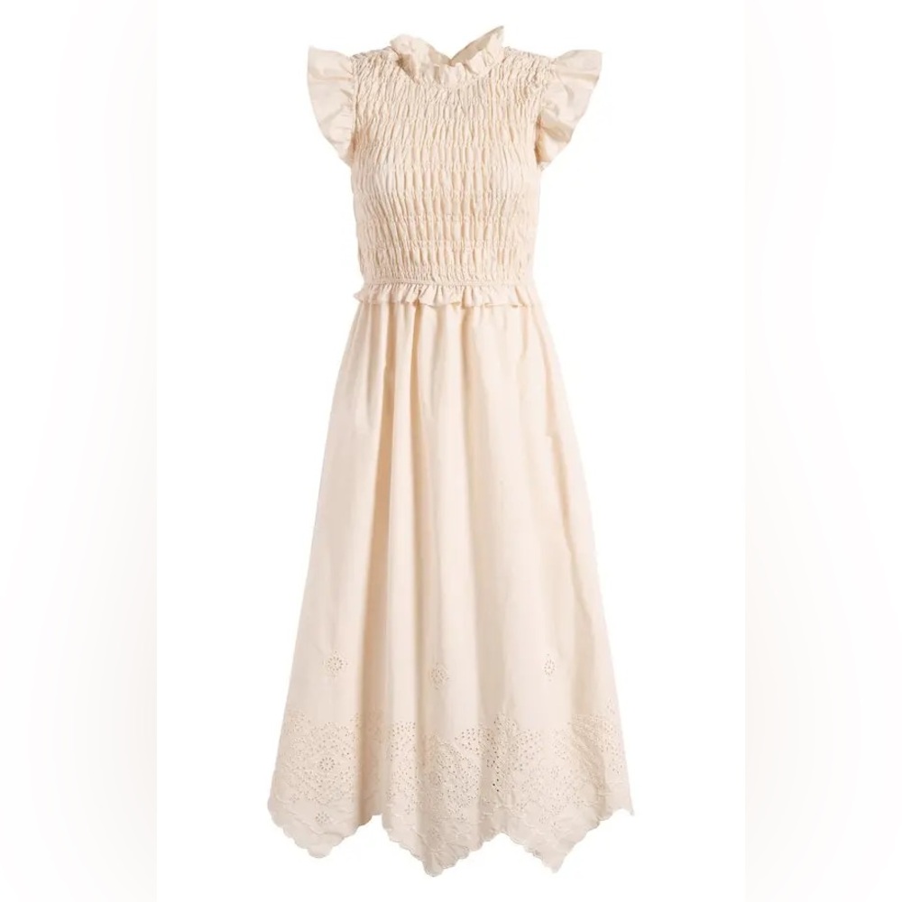 RUFFLE EYELET SMOCKED BODICE STRETCH COTTON DRESS IN CREAM